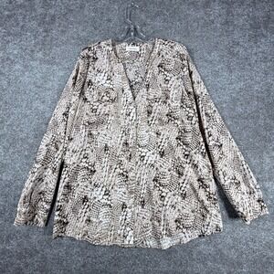 Calvin Klein Button-Front Blouse Womens Neutral Snake Skin Modern Outdoor V-Neck
